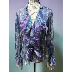 Vintage MK Solo Blouse S Y2K Sheer Crinkle Plaid Ruffle Lace Whimsigoth Top